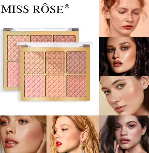 MISS ROSE 6-Color Blusher Highlight Contour Palette, Pearl Natural Finish, Matte Sheer Coverage Blush Palette