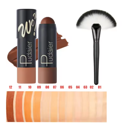 Full Coverage Lightweight Foundation Stick Contouring Face Makeup Long-Lasting Nude Foundation Base Blemish Concealer Bronzer Cosmetics with Brush